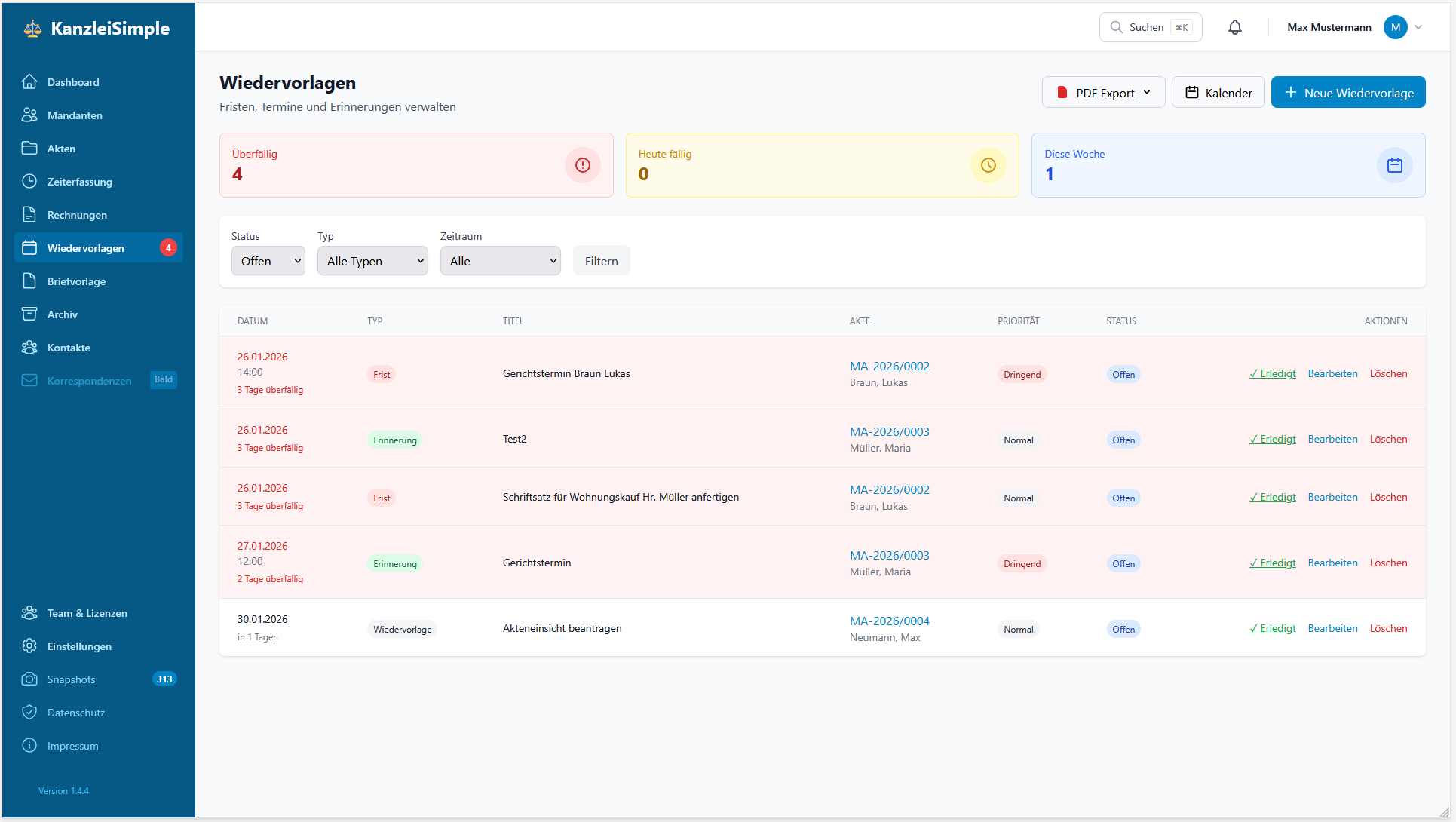 Wiedervorlagen Liste